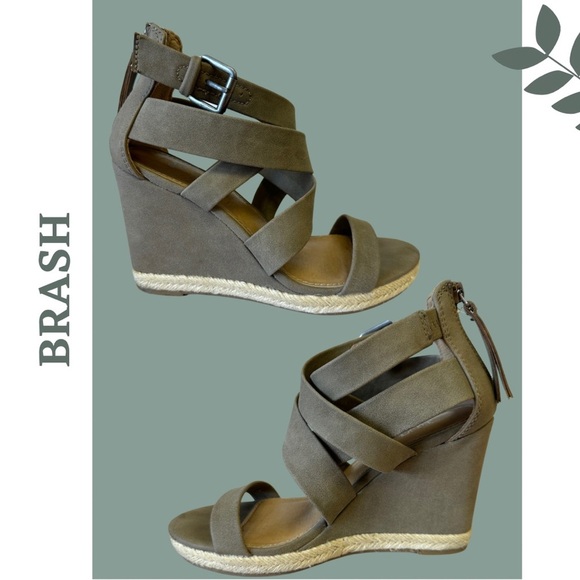 🛍️3/$40 Brash Open Toe Wedge Heel Sandal Straps  Espadrille Taupe Brown Size 8 - Picture 2 of 8